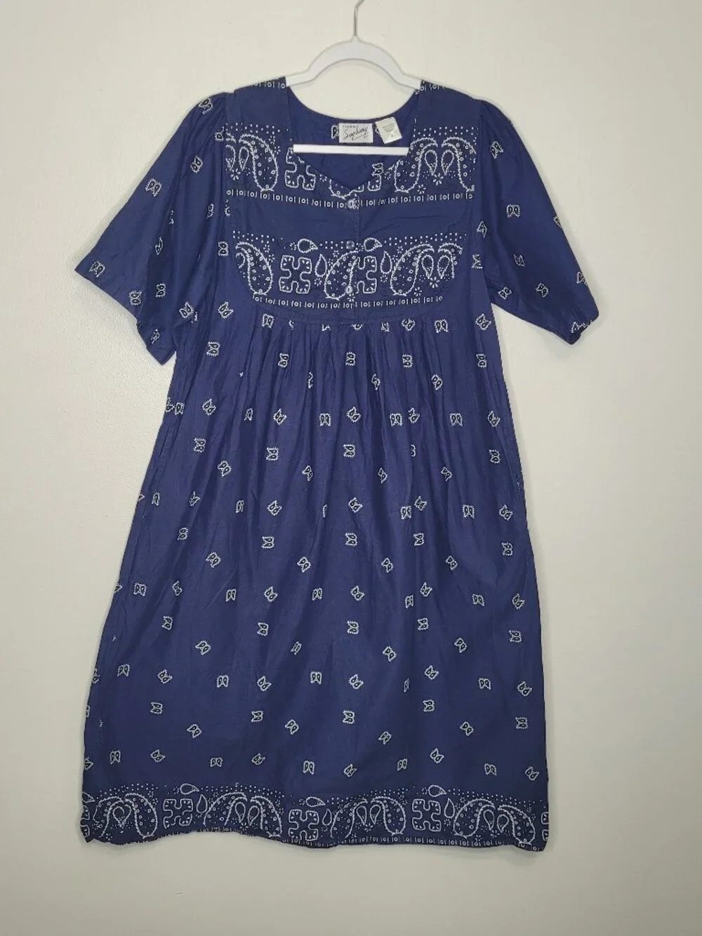 Saybury blue white bandana print cottage midi nightgown house dress pockets s